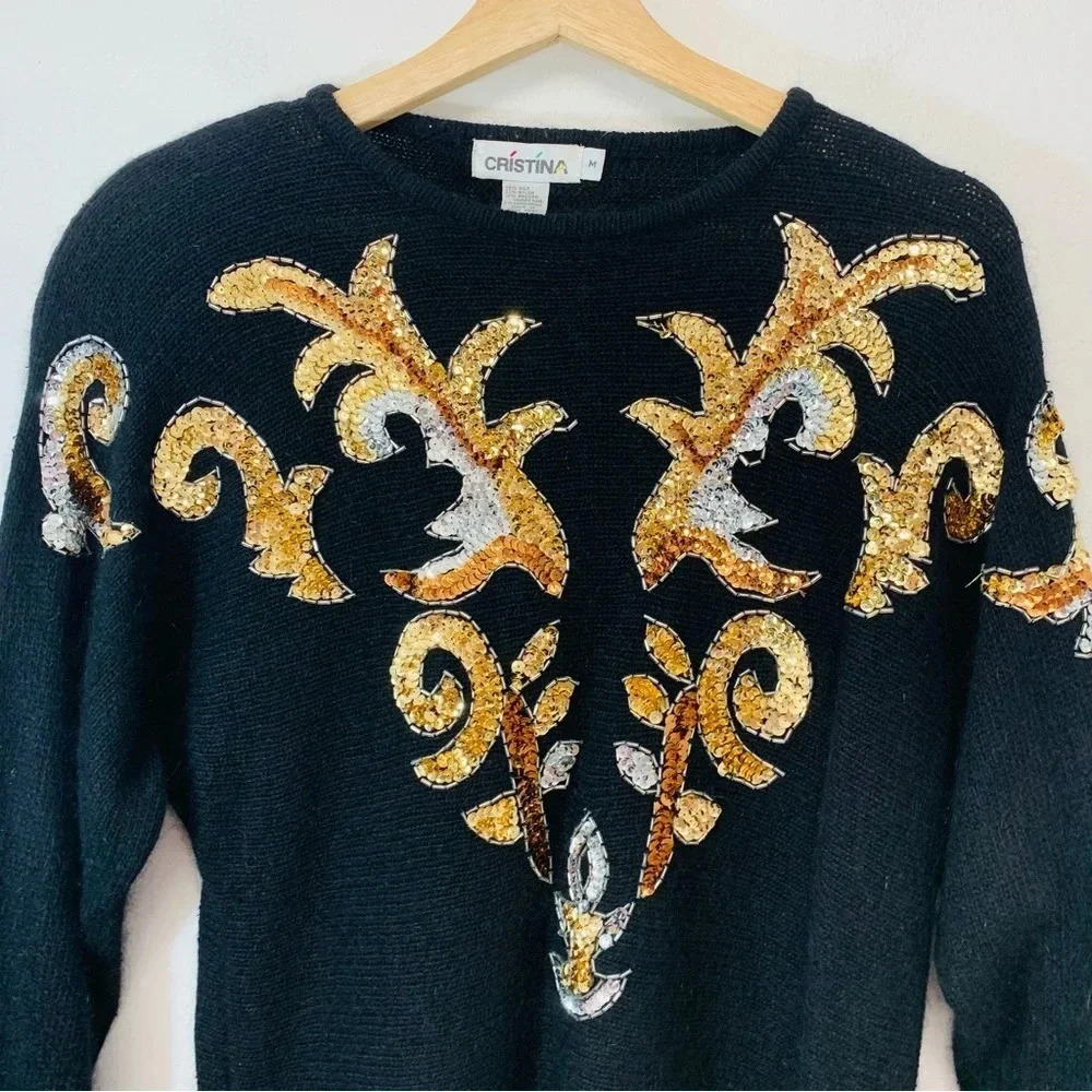 Vintage 80s Christina Artsy Silk Angora Sequin Gold  Black Pull Over Sweater Med